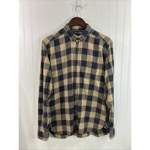 Classic Rugged Wear Men Large Button Up Plaid Flannel Brown Long Sleeves Cotton